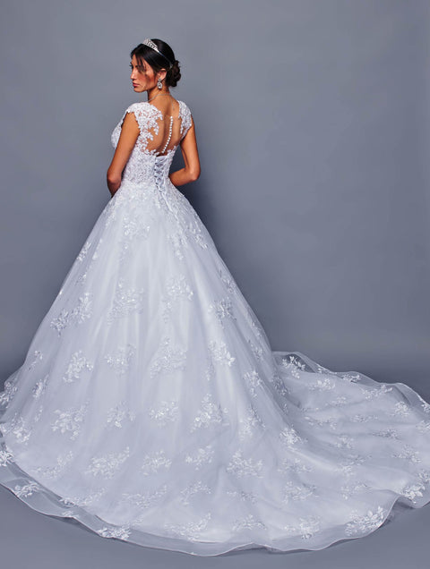 DeKlaire 480 A-Line Wedding Ball Gown with Illusion V-Neck & Cap Sleeves