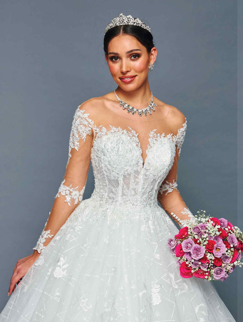 DeKlaire 481 Illusion Boat Neck Wedding Ball Gown with Sheer Long Sleeves