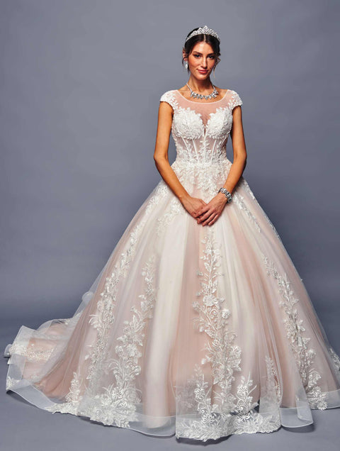DeKlaire 484 Floor-Length A-Line Ball Gown Wedding Dress with Cap Sleeves