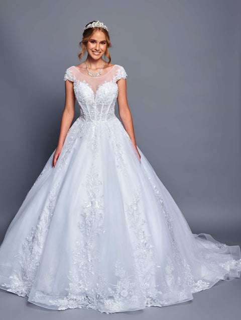 DeKlaire 484 Floor-Length A-Line Ball Gown Wedding Dress with Cap Sleeves