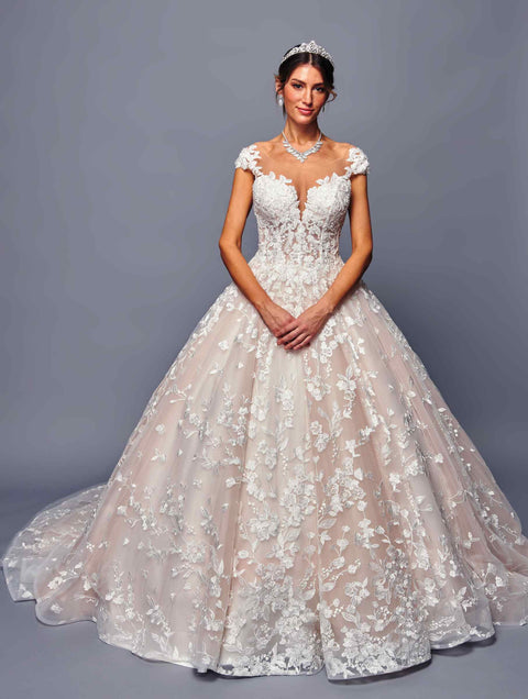 DeKlaire 485 A-Line Wedding Dress with Cap Sleeves & Illusion Boat Neckline