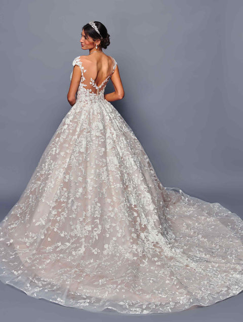 DeKlaire 485 A-Line Wedding Dress with Cap Sleeves & Illusion Boat Neckline