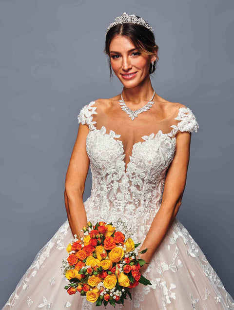 DeKlaire 485 A-Line Wedding Dress with Cap Sleeves & Illusion Boat Neckline