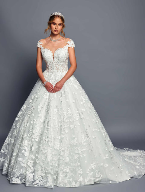DeKlaire 485 A-Line Wedding Dress with Cap Sleeves & Illusion Boat Neckline