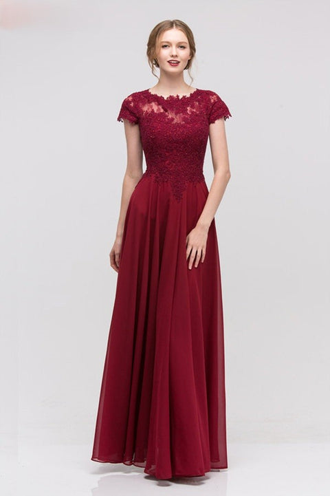 Eureka 4909 lace chiffon short sleeve a-line gown — BURGUNDY