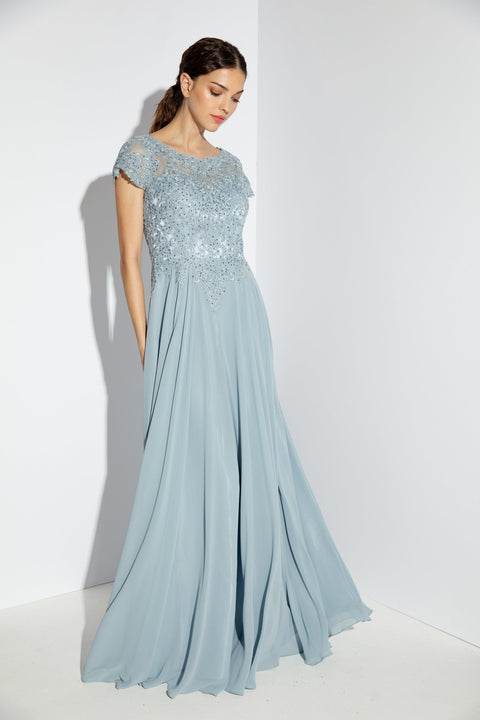 Eureka 4909 lace chiffon short sleeve a-line gown — DUSTYBLUE 16