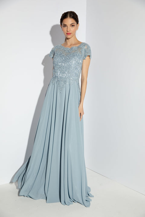 Eureka 4909 lace chiffon short sleeve a-line gown — DUSTYBLUE 7