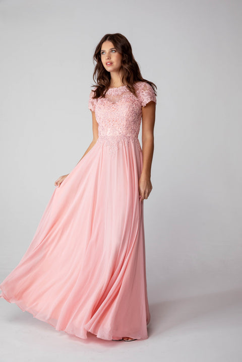 Eureka 4909 lace chiffon short sleeve a-line gown — DUSTYPINK