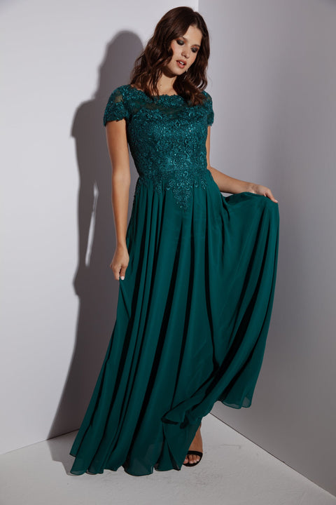 Eureka 4909 lace chiffon short sleeve a-line gown — EMERALD2