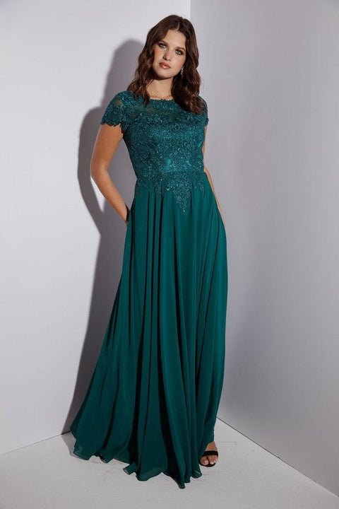 Eureka 4909 lace chiffon short sleeve a-line gown — EMERALD
