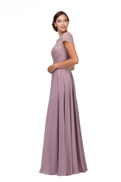 Eureka 4909 lace chiffon short sleeve a-line gown — MOCHA