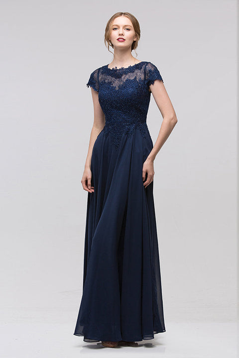 Eureka 4909 lace chiffon short sleeve a-line gown — NAVY