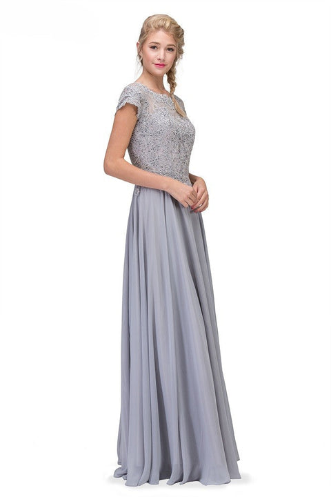 Eureka 4909 lace chiffon short sleeve a-line gown — SILVER