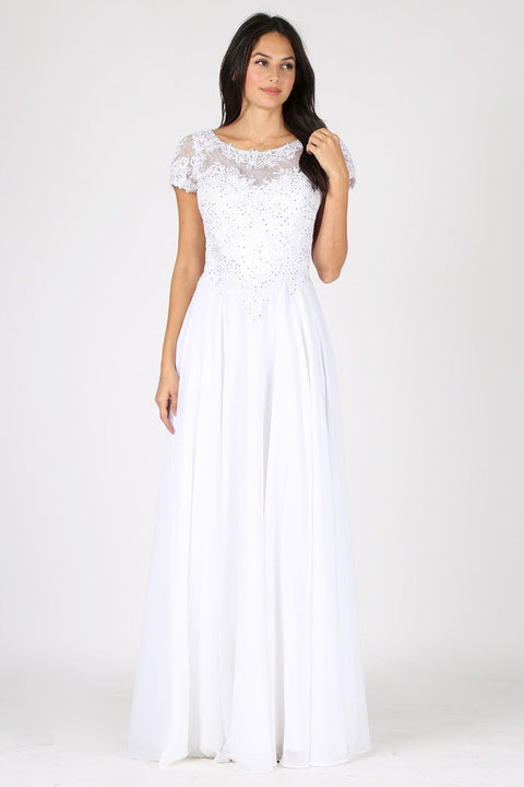 Eureka 4909 lace chiffon short sleeve a-line gown — White