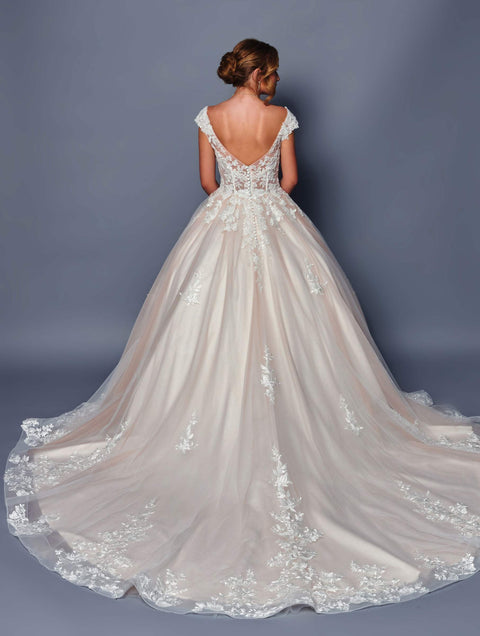 DeKlaire 490 A-Line Wedding Dress with Cap Sleeves and Chapel Train