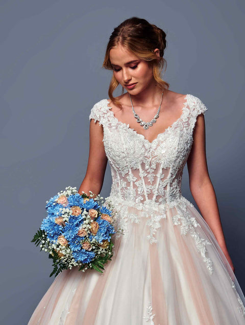 DeKlaire 490 A-Line Wedding Dress with Cap Sleeves and Chapel Train
