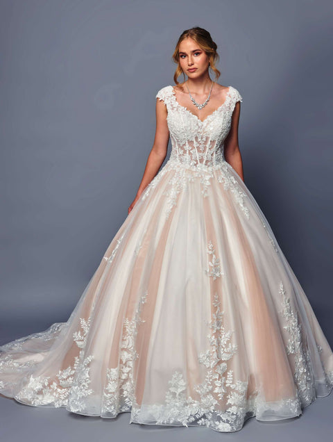 DeKlaire 490 A-Line Wedding Dress with Cap Sleeves and Chapel Train