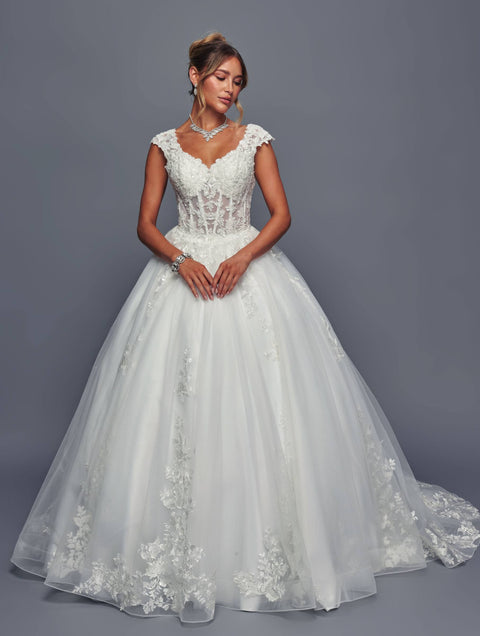 DeKlaire 490 A-Line Wedding Dress with Cap Sleeves and Chapel Train