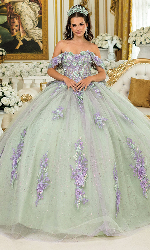 Dancing Queen 5023 - Glittered Tulle Floral Applique Ballgown