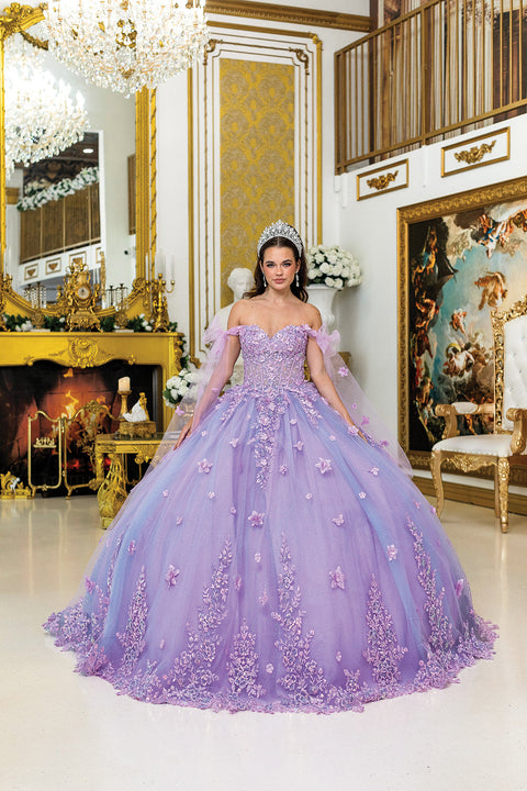 Dancing Queen 5029 - Sheer Cape Sleeves Floral Ballgown