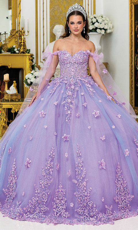 Dancing Queen 5029 - Sheer Cape Sleeves Floral Ballgown