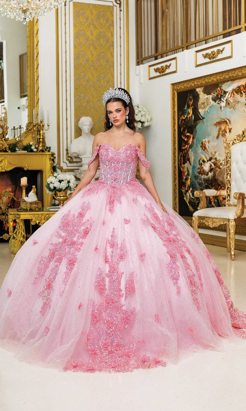 Dancing Queen 5034 Enchanting Pink Quinceañera Ball Gown with Beaded Lace and Layered Tulle