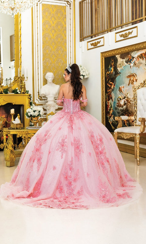 Dancing Queen 5034 Enchanting Pink Quinceañera Ball Gown with Beaded Lace and Layered Tulle