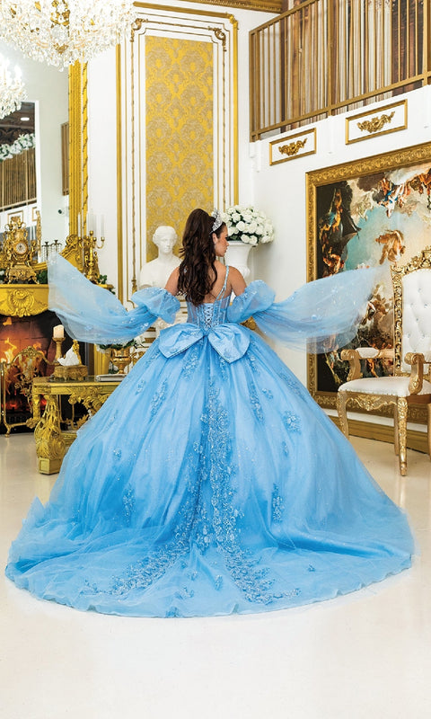 Dancing Queen 5037 Sparkling Blue Quinceañera Ball Gown with Glittering Appliqué and Regal Charm
