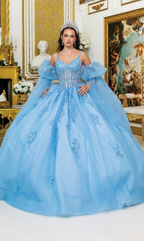 Dancing Queen 5037 Sparkling Blue Quinceañera Ball Gown with Glittering Appliqué and Regal Charm