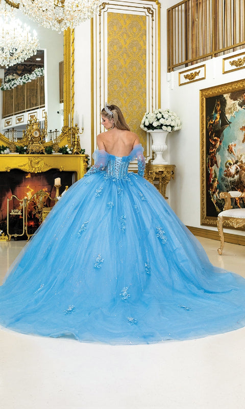 Dancing Queen 5038 Dreamy Blue Quinceañera Ball Gown with Floral Embellishments and Regal Flair