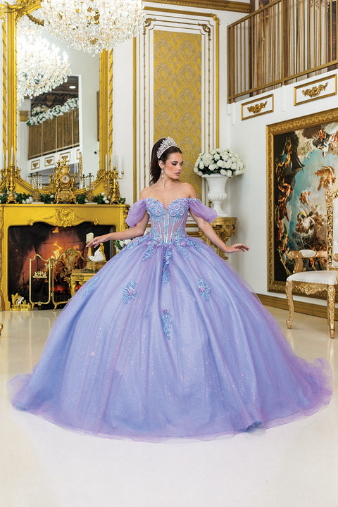Dancing Queen 5039 - Corset Puff Sleeve Glitter Ballgown
