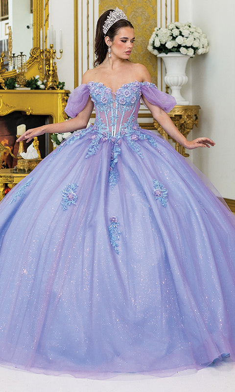 Dancing Queen 5039 - Corset Puff Sleeve Glitter Ballgown