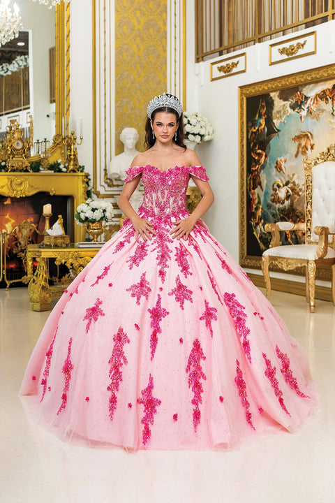 Dancing Queen 5042 - Off-Shoulder 3D Floral Glitter Ballgown