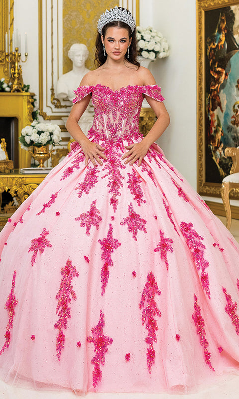 Dancing Queen 5042 - Off-Shoulder 3D Floral Glitter Ballgown