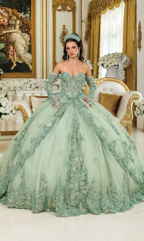 Dancing Queen 5047 Enchanting Green Quinceañera Ball Gown with Floral Embellishments and Regal Flair