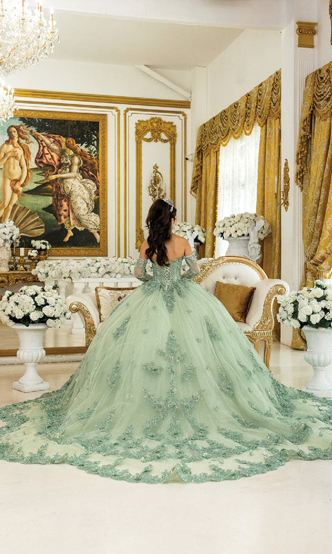Dancing Queen 5047 Enchanting Green Quinceañera Ball Gown with Floral Embellishments and Regal Flair