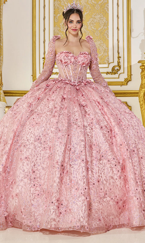 Dancing Queen 5077 - Sheer Long Sleeve Floral Ballgown