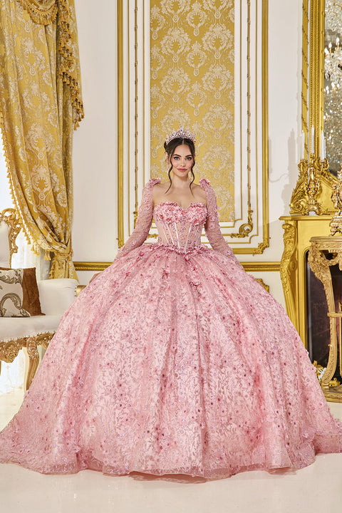 Dancing Queen 5077 - Sheer Long Sleeve Floral Ballgown