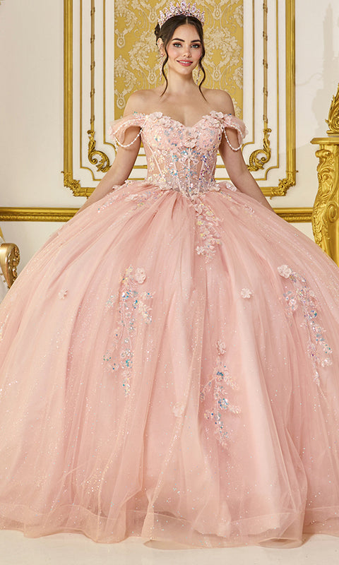 Dancing Queen 5096 - Off-Shoulder Beaded Floral Applique Ballgown