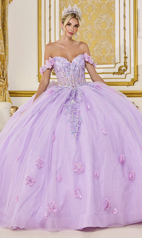 Dancing Queen 5098 - Off Shoulder 3D Floral Glitter Tulle Ballgown