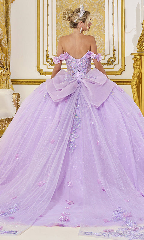 Dancing Queen 5098 - Off Shoulder 3D Floral Glitter Tulle Ballgown