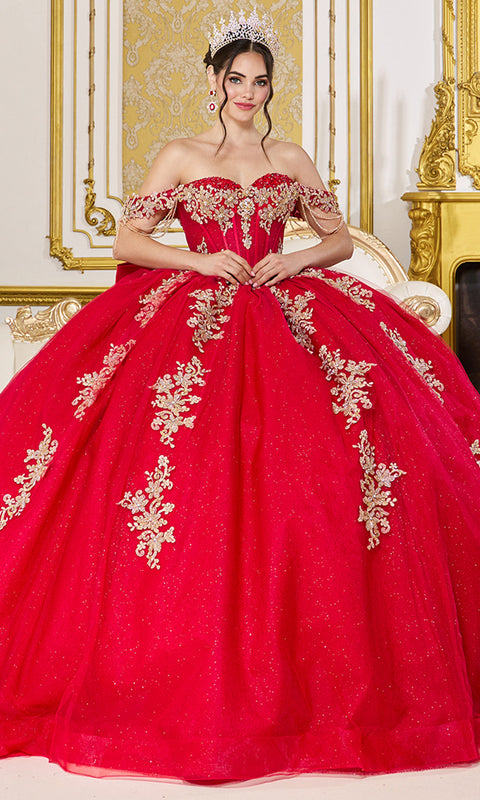 Dancing Queen 5137 Bow Accent Draped Off Shoulder Quinceañera Ball Gown
