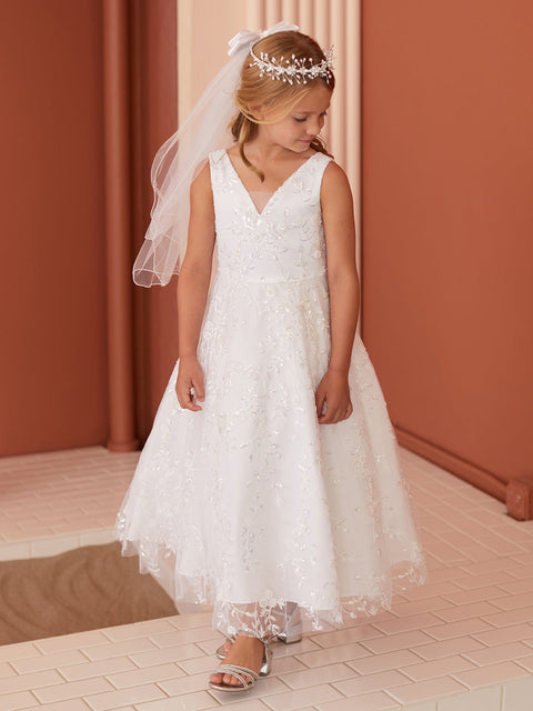 Girls Embroidered Floral Sequin Communion Dress by Tip Top 2-16