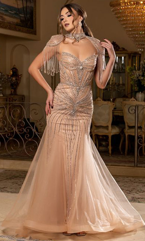 May Queen RQ8276 Strapless Beaded Fringe Mermaid Prom Dress – 4