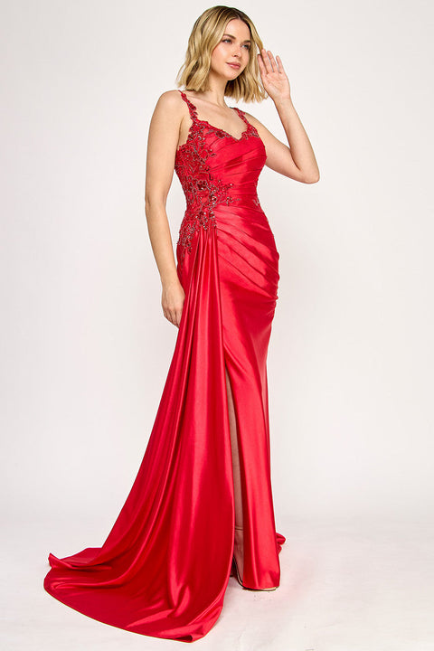 Long Pleated Formal Slit Prom Dress Lenovia 8361