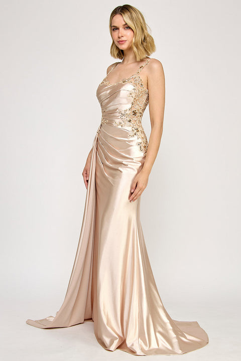 Long Pleated Formal Slit Prom Dress Lenovia 8361