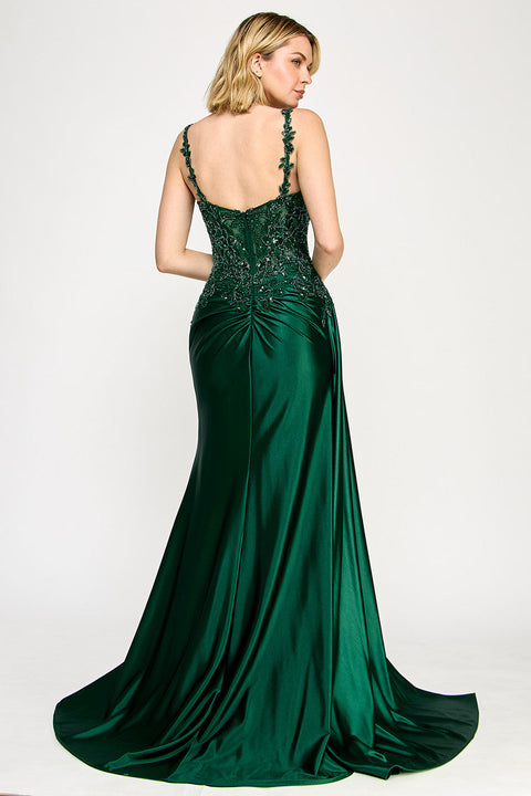 Long Pleated Formal Slit Prom Dress Lenovia 8361