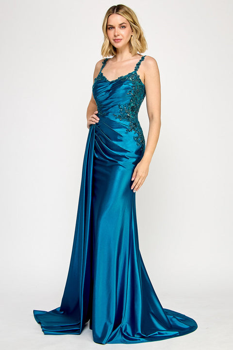 Long Pleated Formal Slit Prom Dress Lenovia 8361