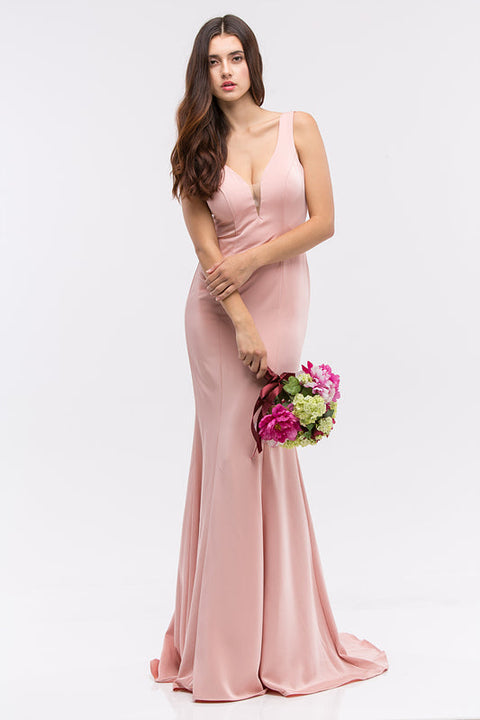 Eureka 6010 satin fitted sleeveless gown — DUSTYROSE