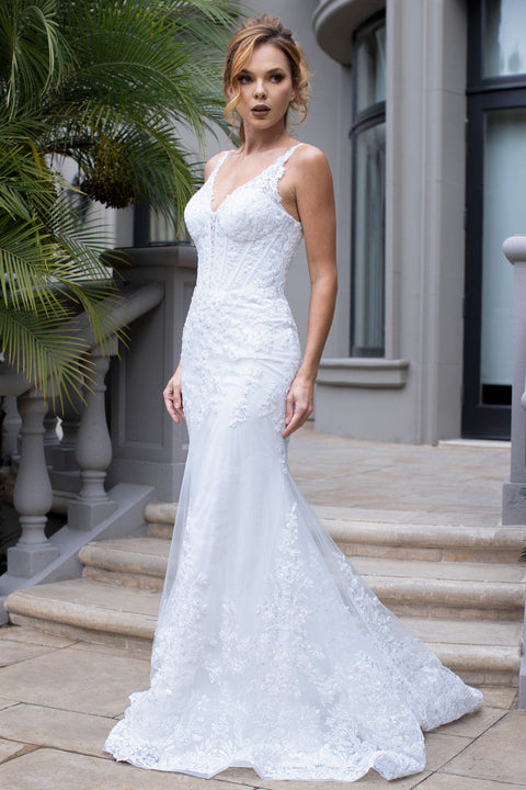 V-Neck Floor Length Lace Wedding Dress by Lenovia 8460